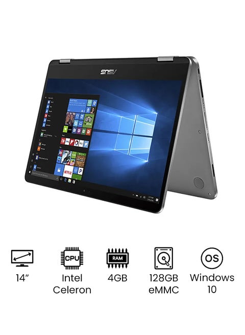 Vivobook Flip 14 TP401 Convertible 2-In-1 Laptop With 14-Inch Touch Display, Celeron N4020 Processor / 4GB RAM / 128GB eMMC / Windows 10 / Office 365 / Arabic Light Grey