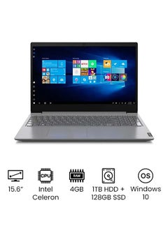 لابتوب V15 احترافي وللأعمال بشاشة 15.6 بوصة بدقةٍ عالية الوضوح ومعالج سيليرون N4020 وذاكرة رام 4 جيجابايت ومحرك أقراص صلبة HDD بسعة 1 تيرابايت ومحرك أقراص SSD بسعة 128 جيجابايت وبطاقة رسومات إنتل فائقة الوضوح ونظام التشغيل ويندوز 10 - إصدار عالمي الإنجليزية/العربية رمادي