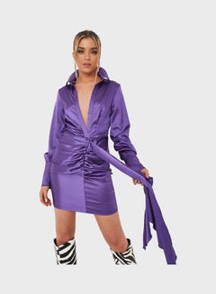 Ruched Satin Drape Front Shirt Dress Purple