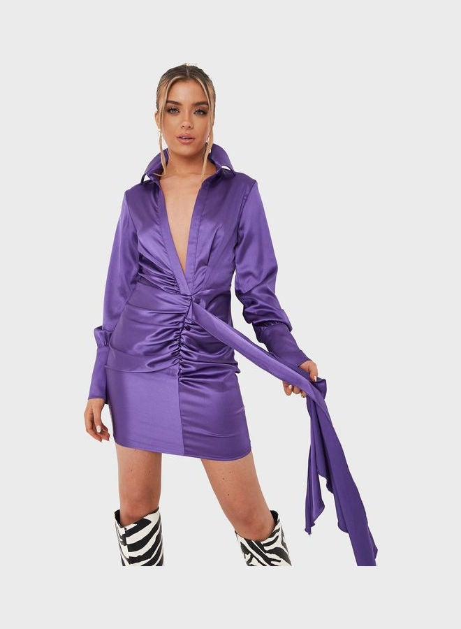 Missguided - Ruched Satin Drape Front Shirt Dress Purple - Image 1