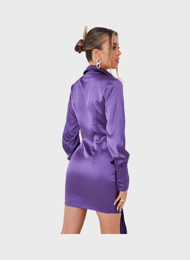 Missguided - Ruched Satin Drape Front Shirt Dress Purple - Image 1