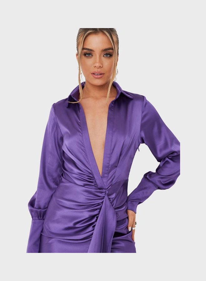 Missguided - Ruched Satin Drape Front Shirt Dress Purple - Image 1
