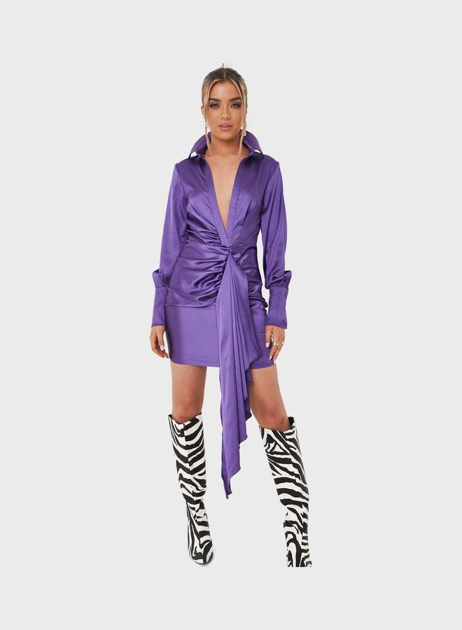 Missguided - Ruched Satin Drape Front Shirt Dress Purple - Image 1