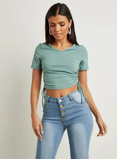 Closet By Styli Ruched Side Detailed Ribbed Crop Top Green