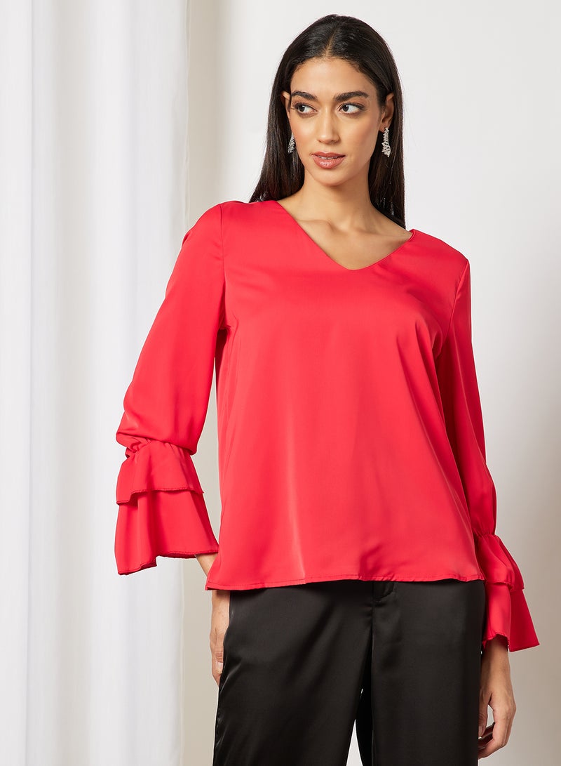 Aila Women's Plain Basic Design Casual V-neck Puff Sleeve Top Red  - Image 1