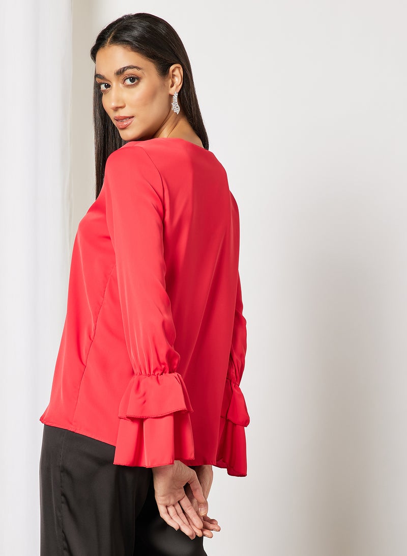 Aila Women's Plain Basic Design Casual V-neck Puff Sleeve Top Red  - Image 2
