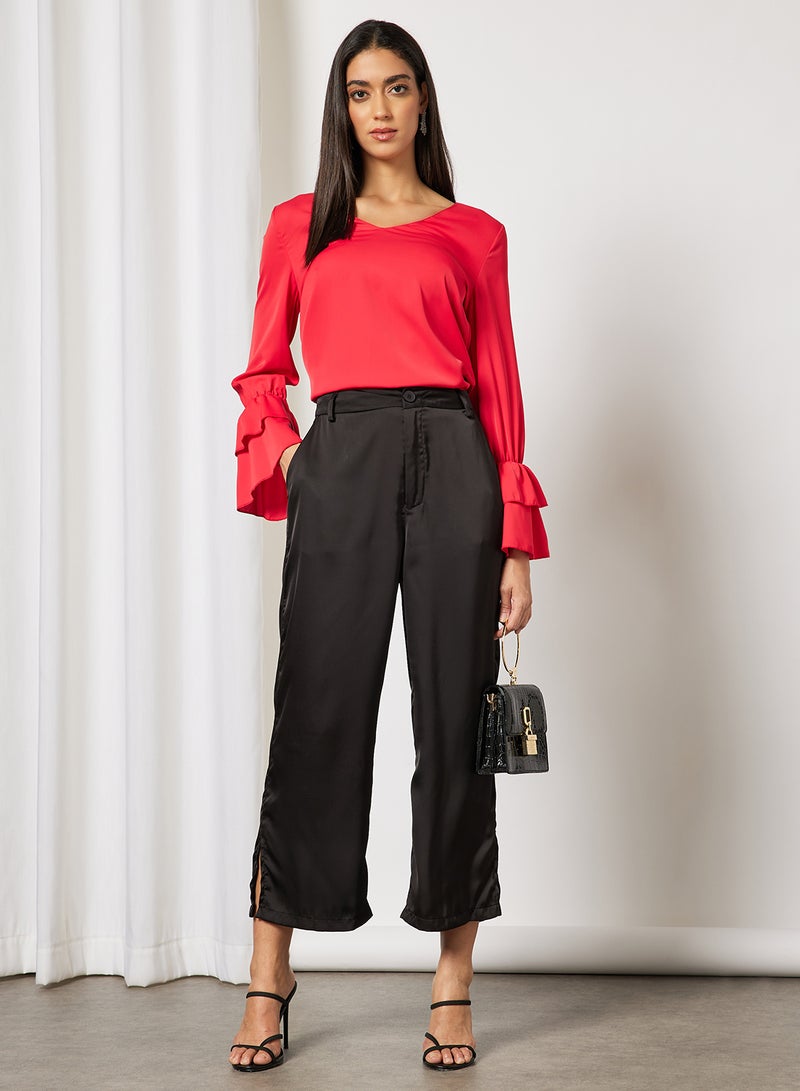 Aila Women's Plain Basic Design Casual V-neck Puff Sleeve Top Red  - Image 4