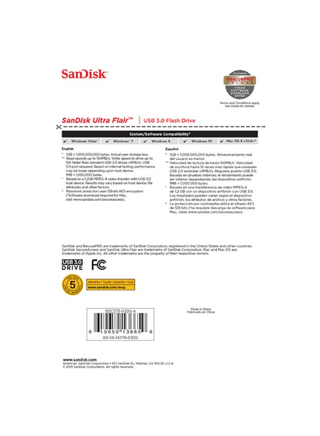 سانديسك - فلاش درايف ألترا فلير بمنفذ USB 3.0 32 GB - Image 1