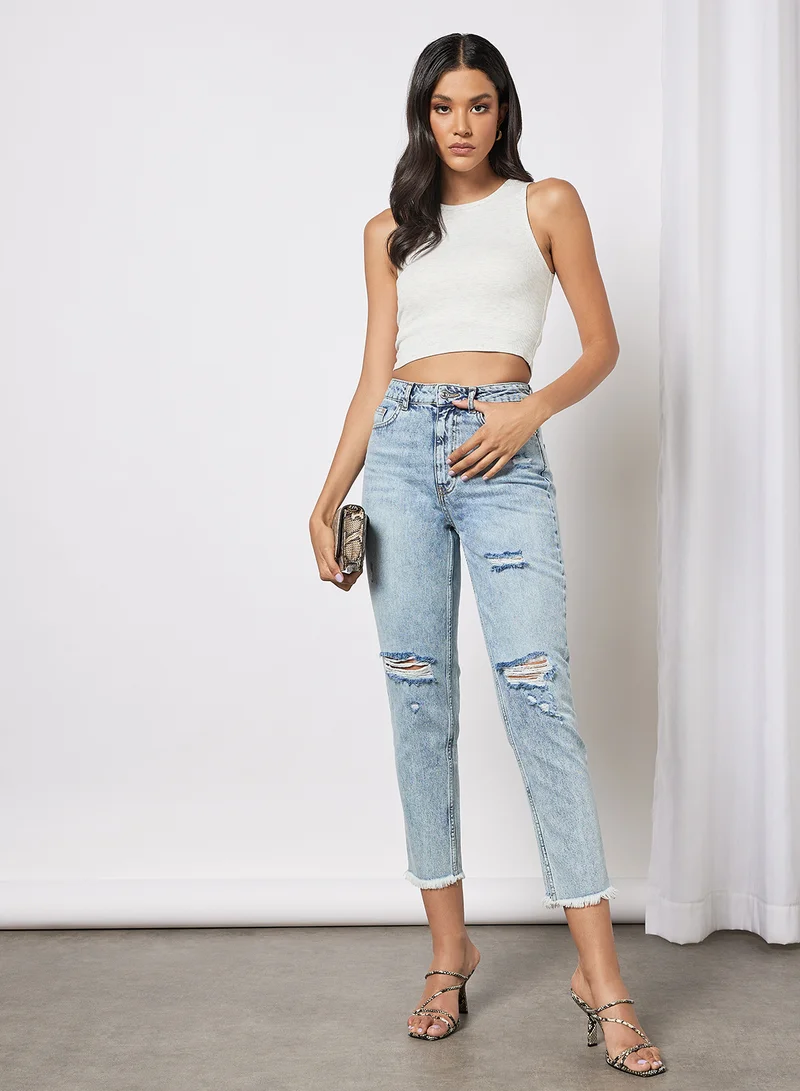 New Look  Ripped Mom Jeans Pale Blue  | Best Price UAE