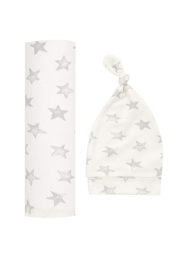 Soft And Light Weight Baby Comfortable Swaddling And Cap Set With Star Print Design - Image 1