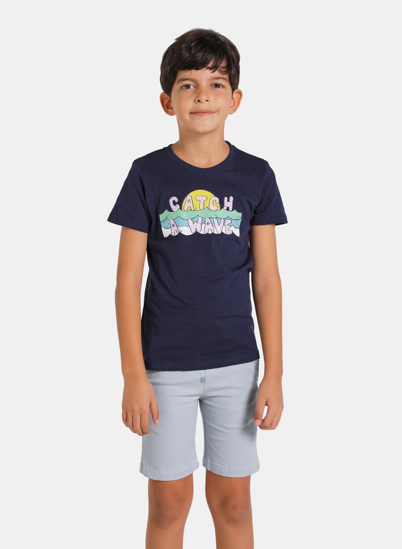 Neon Round Neck Graphic Printed T-Shirt Navy - Image 1
