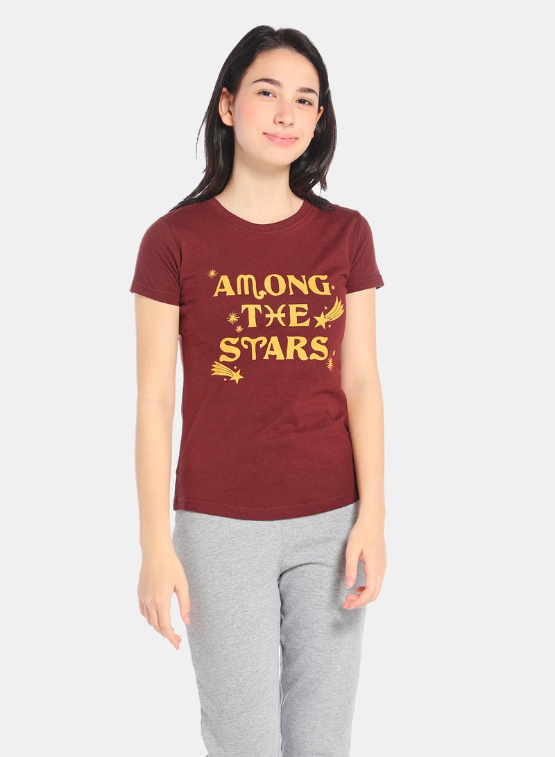 Neon Girls Round Neck Short Sleeve T-Shirt Maroon  - Image 1