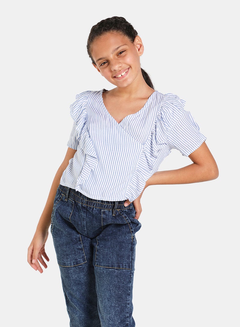 NEON V-Neck Woven Blouse Top Light Blue  - Image 1