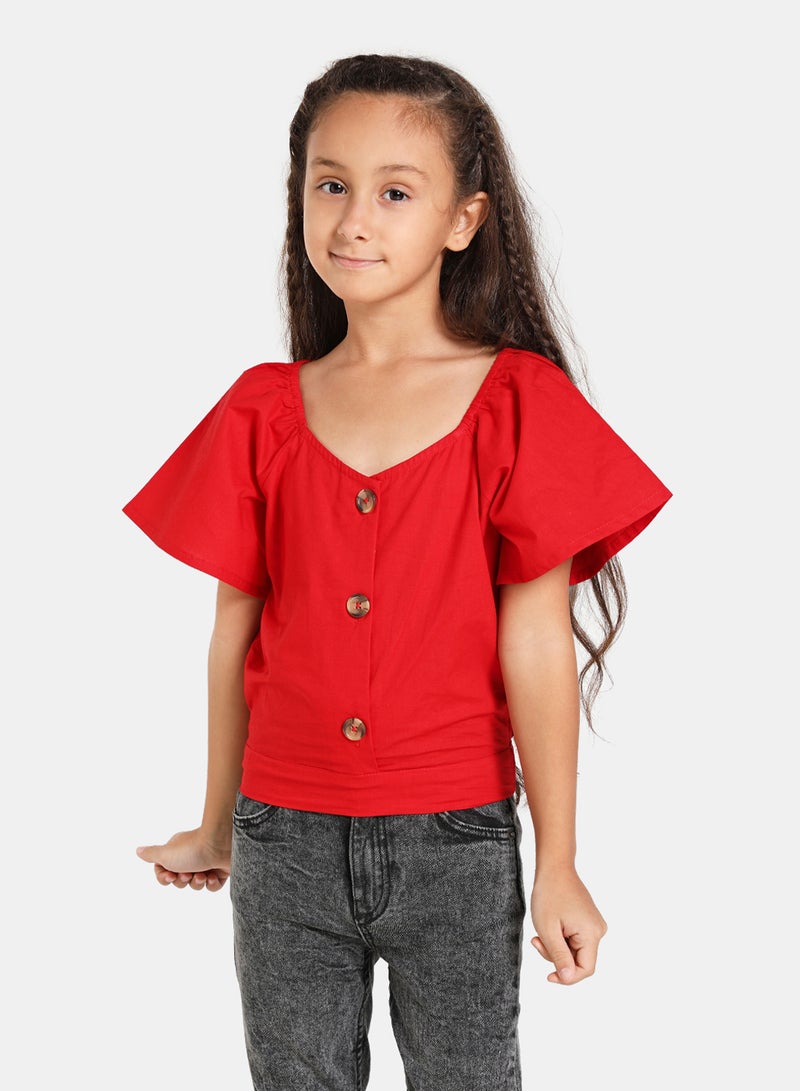 Neon Off Shoulder Cap Sleeve Blouse Top Scarelet Red  - Image 1