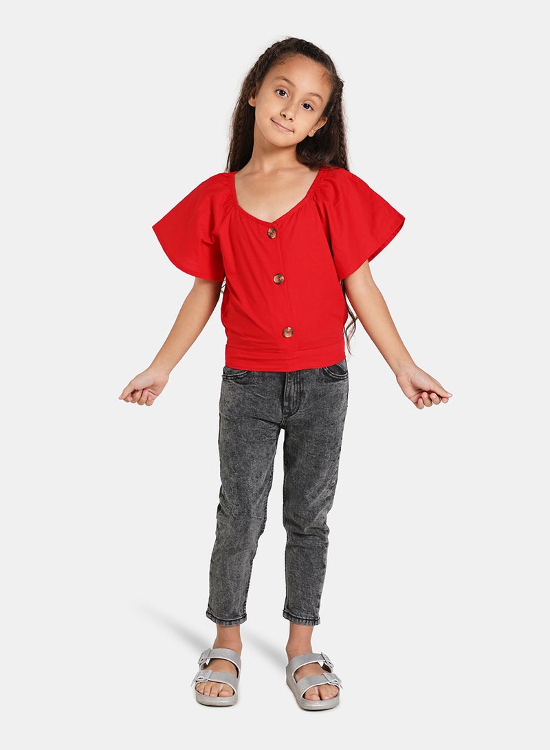 Neon Off Shoulder Cap Sleeve Blouse Top Scarelet Red  - Image 2