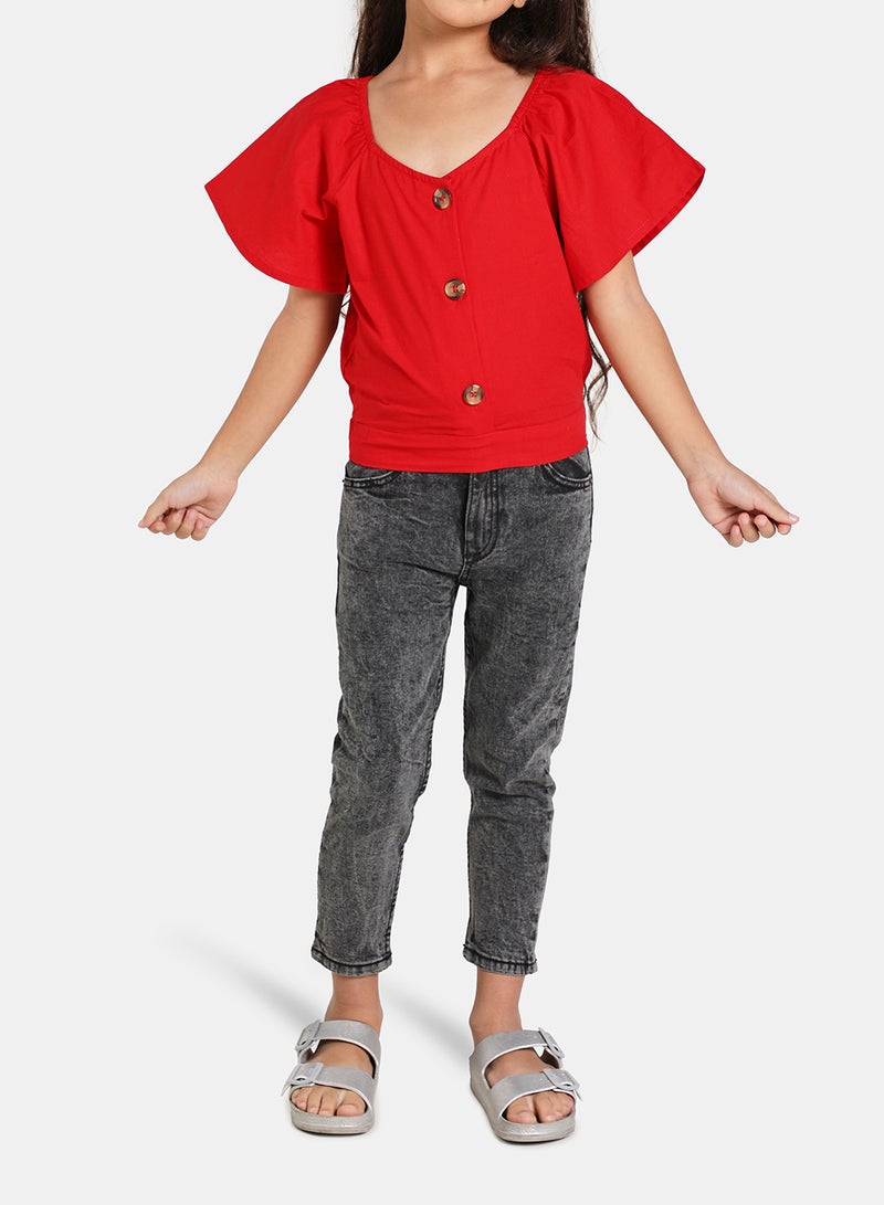 Neon Off Shoulder Cap Sleeve Blouse Top Scarelet Red  - Image 3