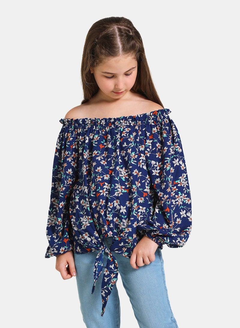 NEON Off Shoulder Long Sleeve Blouse Top Blue Floral  - Image 1