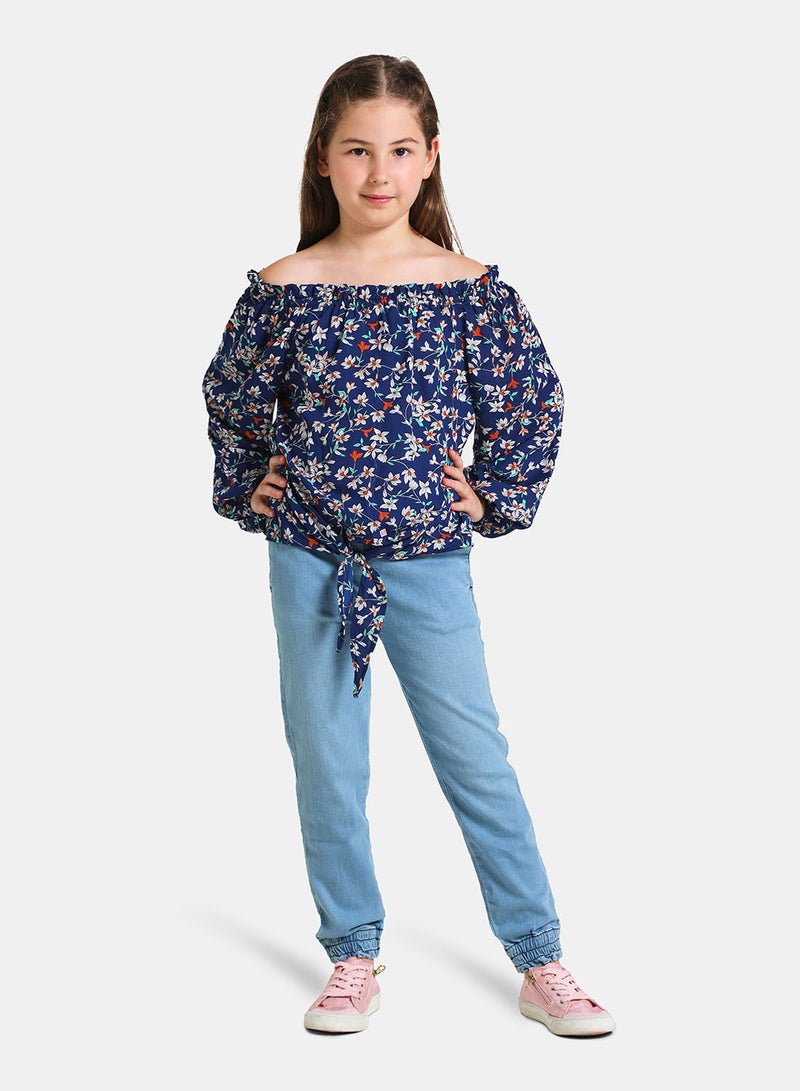 NEON Off Shoulder Long Sleeve Blouse Top Blue Floral  - Image 2