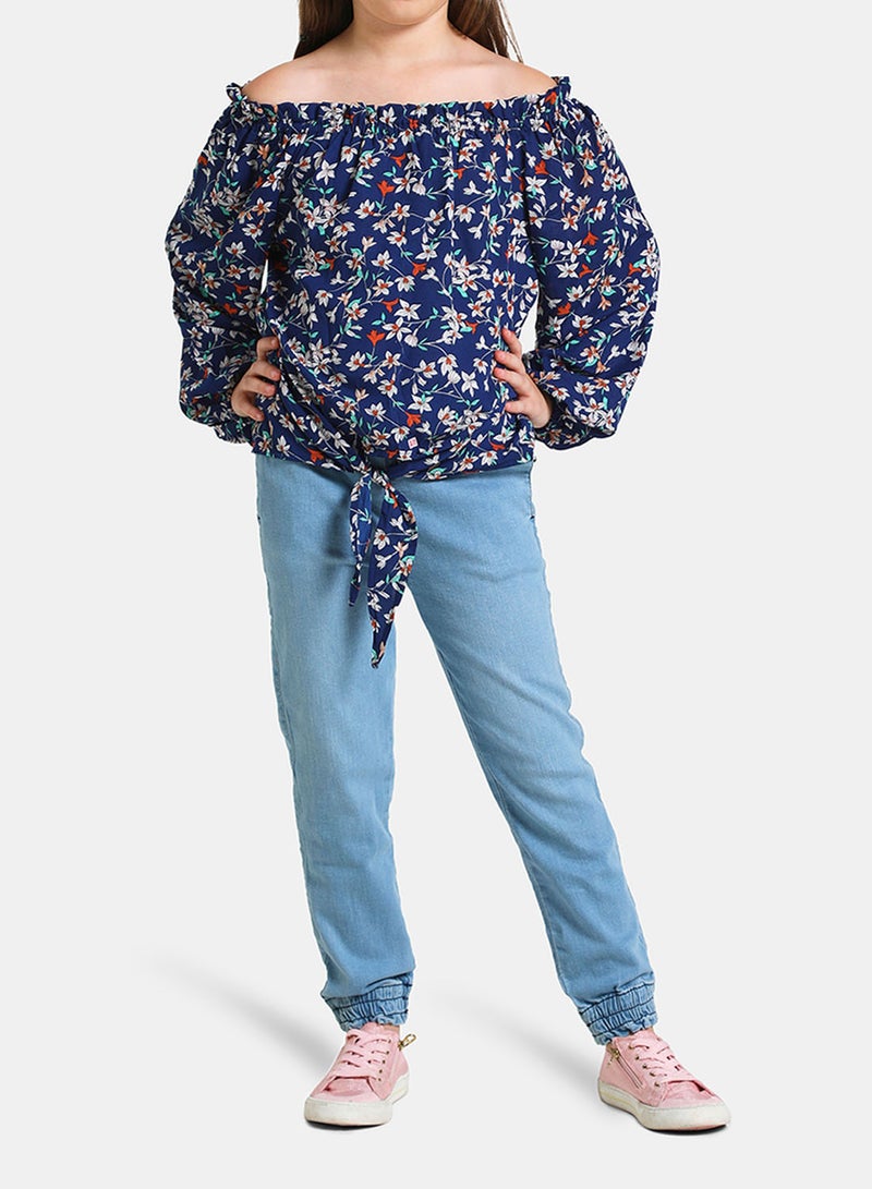 NEON Off Shoulder Long Sleeve Blouse Top Blue Floral  - Image 3