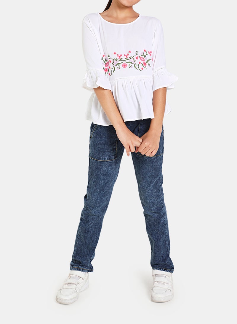 NEON Round Neck Printed Blouse Top White  - Image 3