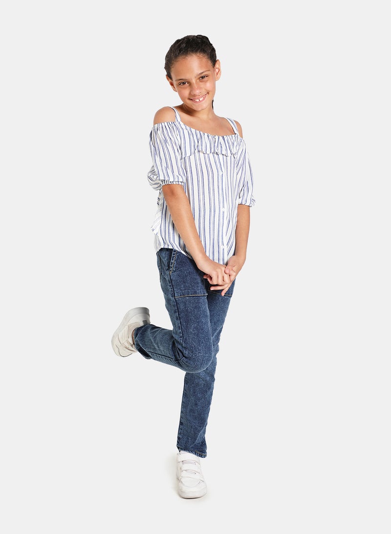 Neon Off Shoulder Strapi Woven Top Blue/White  - Image 2