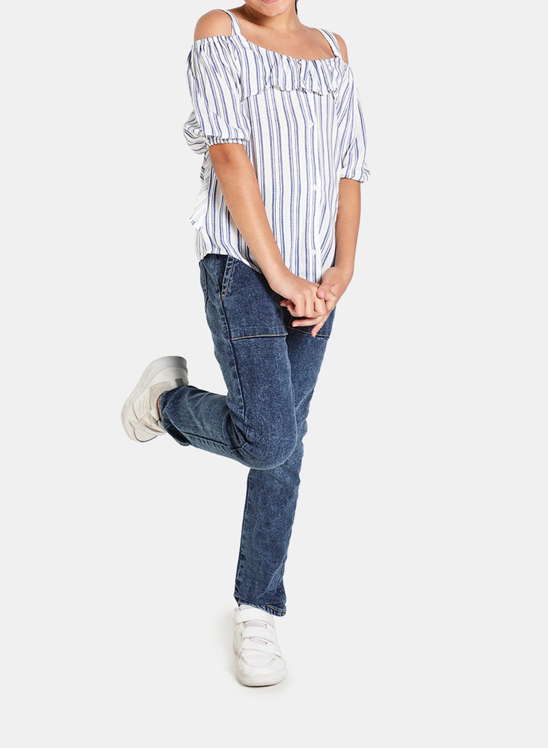 Neon Off Shoulder Strapi Woven Top Blue/White  - Image 3