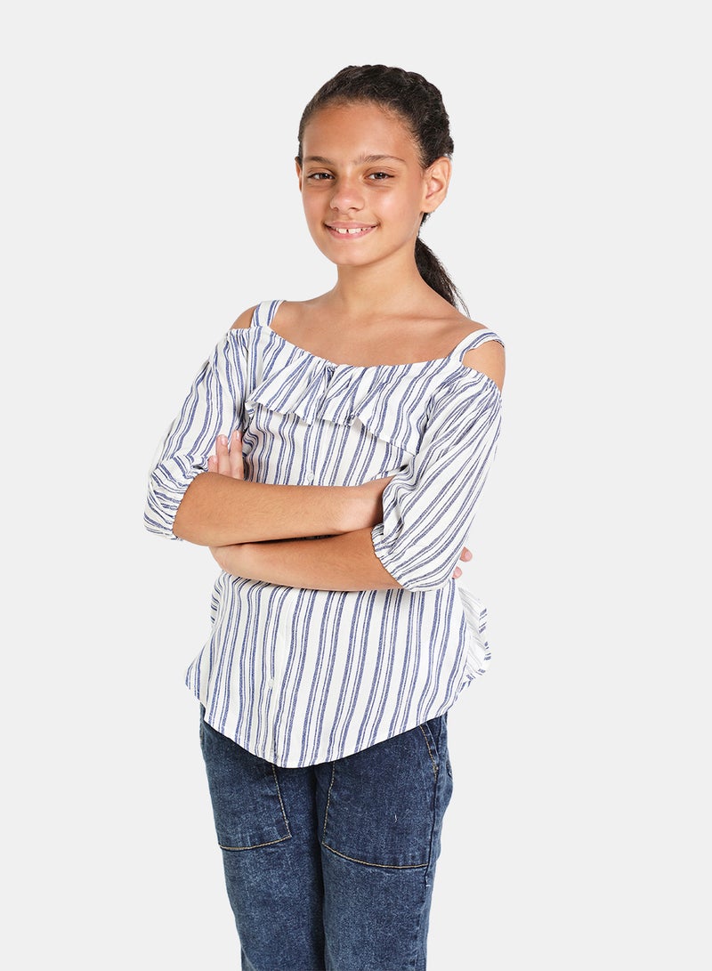 Neon Off Shoulder Strapi Woven Top Blue/White  - Image 1