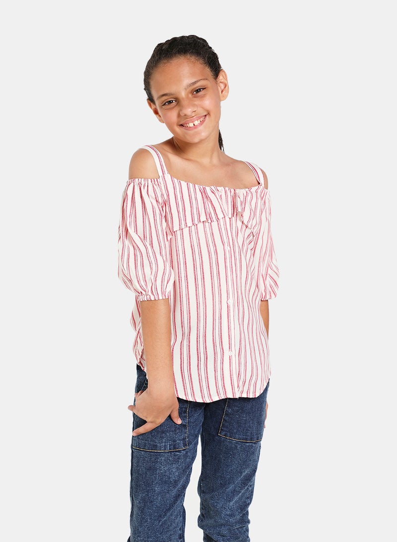 Neon Off Shoulder Stripes Woven Top White/Red Stripe  - Image 1