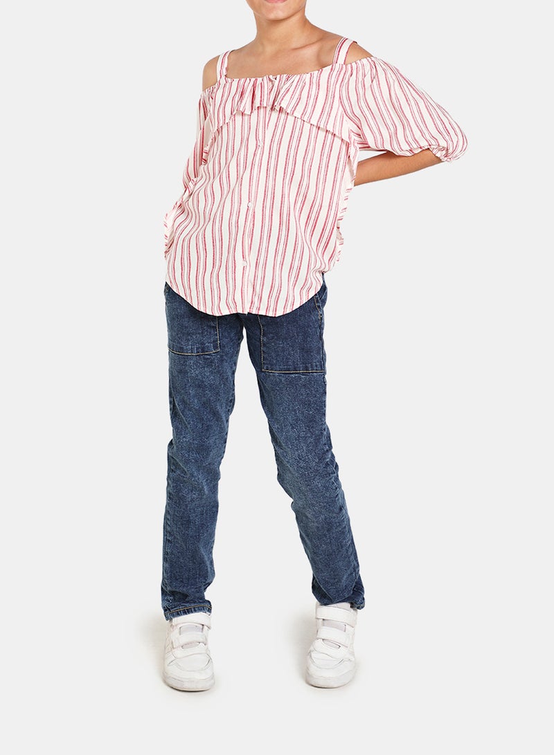 Neon Off Shoulder Stripes Woven Top White/Red Stripe  - Image 3