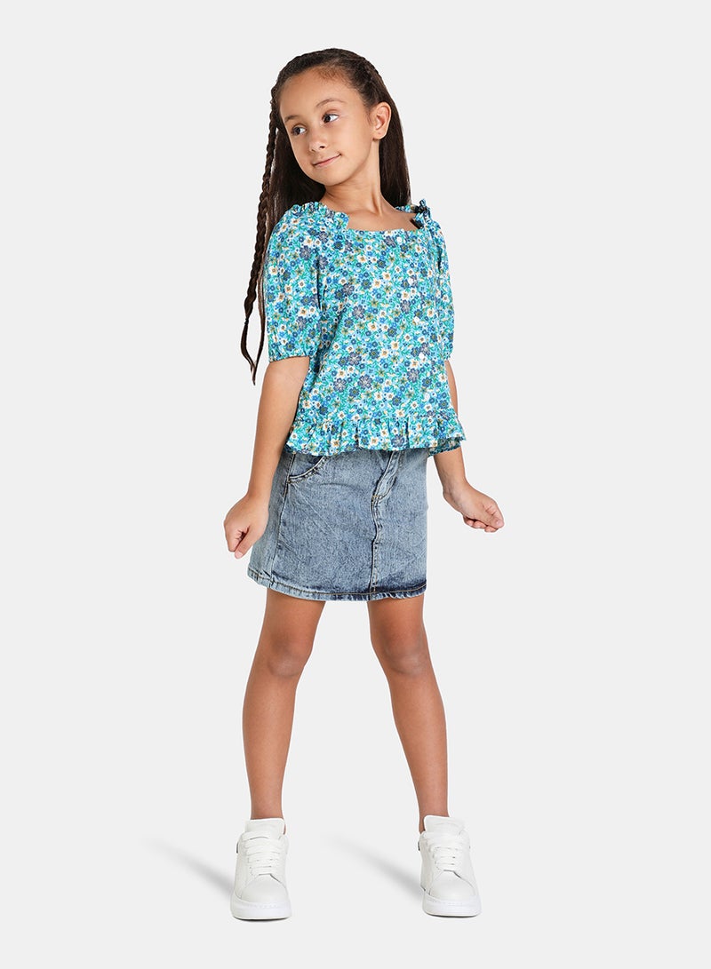 Neon Puff Sleeve Floral Print Blouse Blue  - Image 2