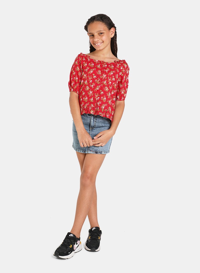 Neon Puff Sleeve Floral Print Top Scarelet Red  - Image 2