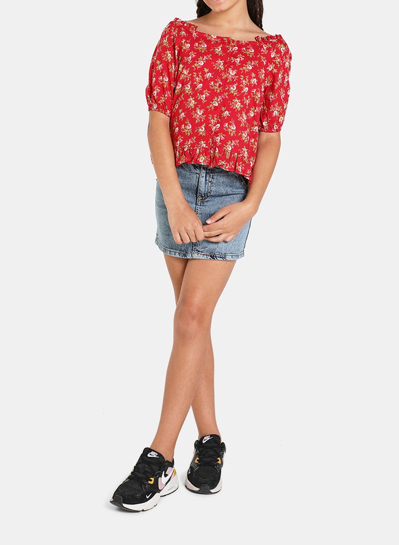 Neon Puff Sleeve Floral Print Top Scarelet Red  - Image 3