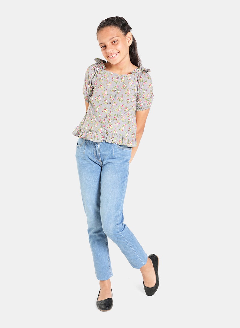 Neon Puff Sleeve Printed Woven Blouse Top Grey  - Image 2
