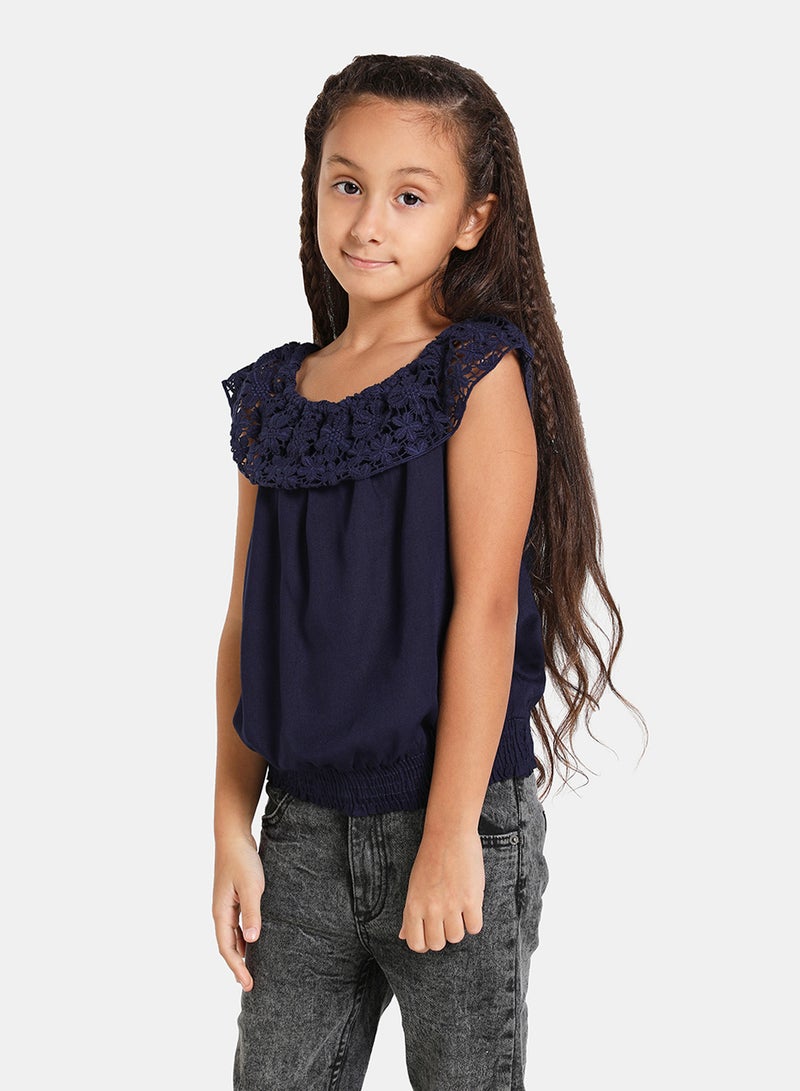 Neon Casual Plain Frill Sleeve Blouse Top Navy  - Image 1