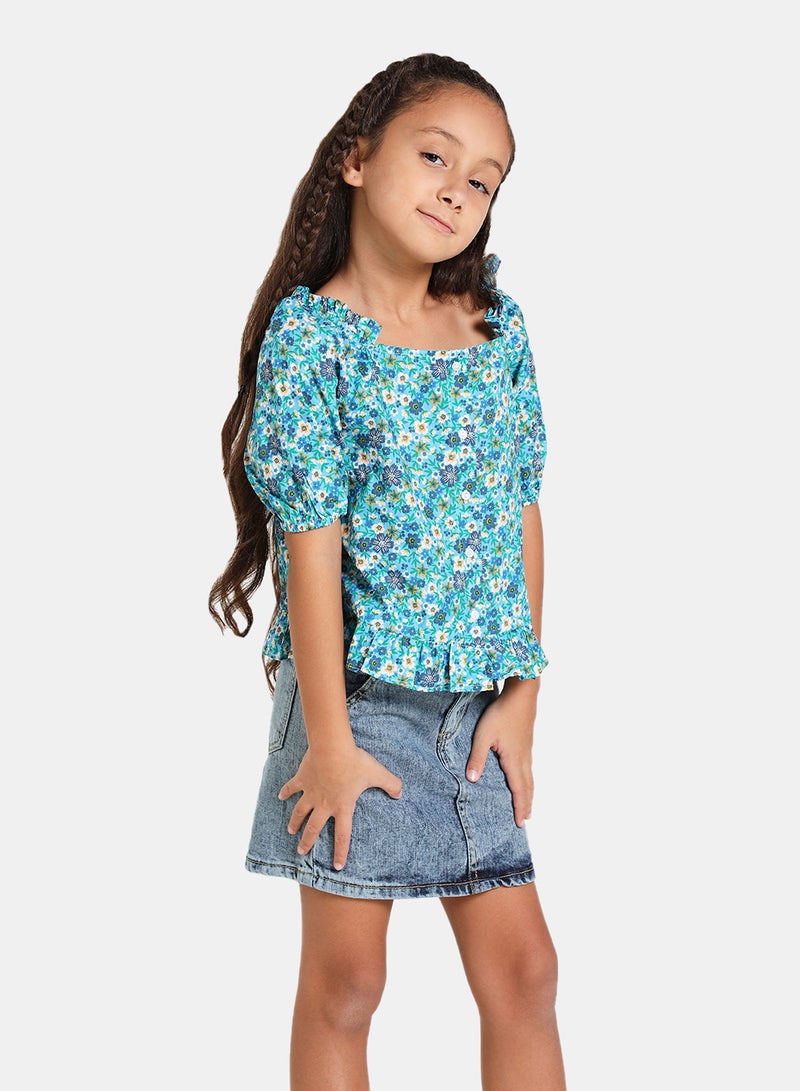 Neon Puff Sleeve Floral Print Blouse Blue  - Image 1