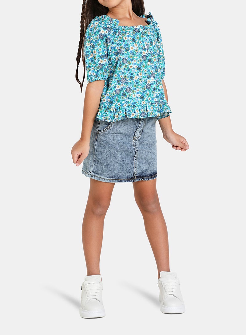 Neon Puff Sleeve Floral Print Blouse Blue  - Image 3