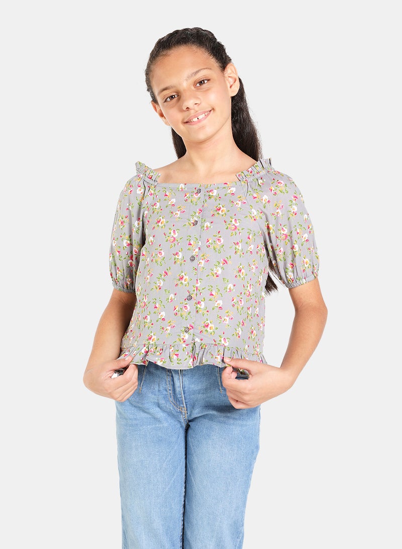 Neon Puff Sleeve Printed Woven Blouse Top Grey  - Image 1