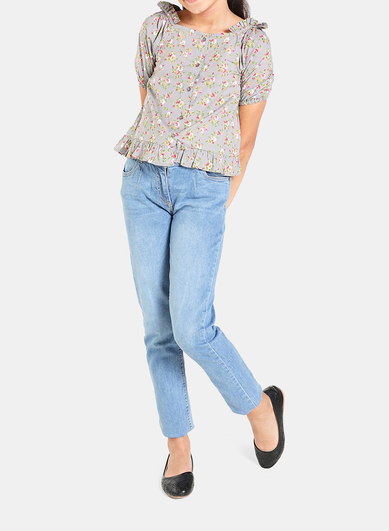 Neon Puff Sleeve Printed Woven Blouse Top Grey  - Image 3