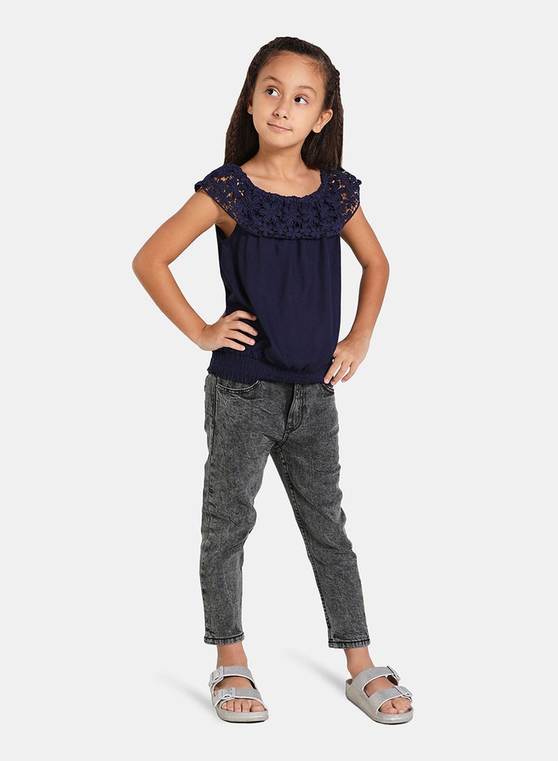 Neon Casual Plain Frill Sleeve Blouse Top Navy  - Image 2