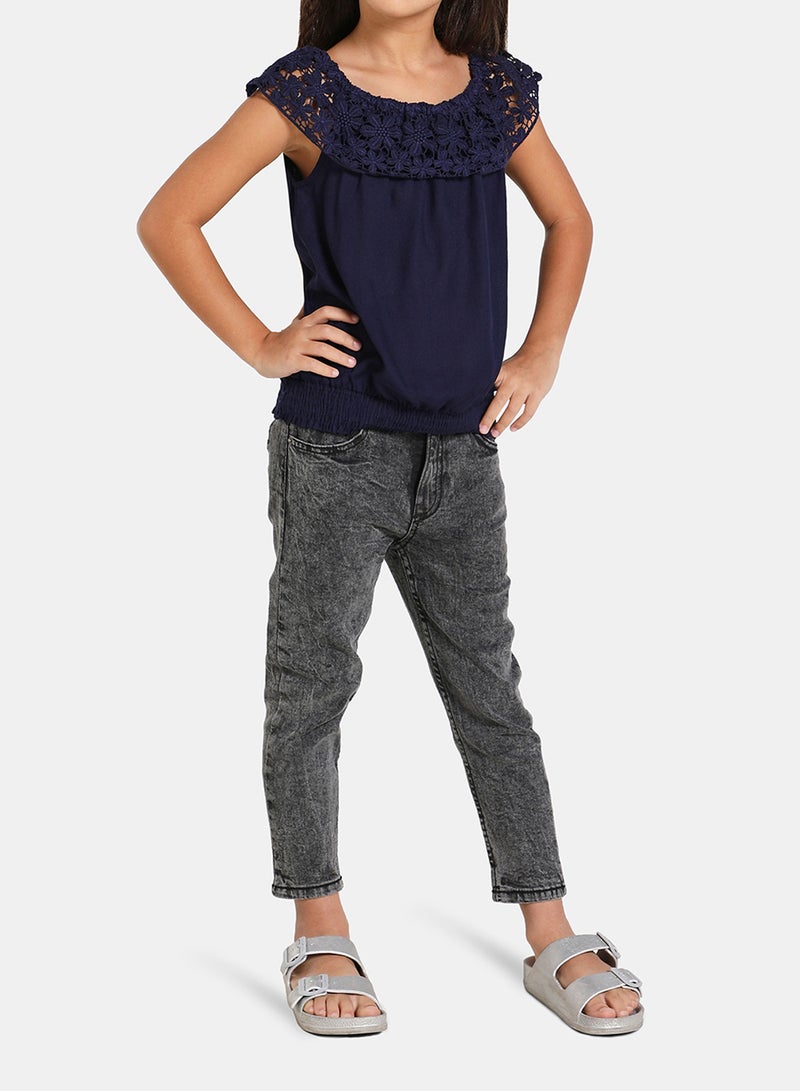 Neon Casual Plain Frill Sleeve Blouse Top Navy  - Image 3
