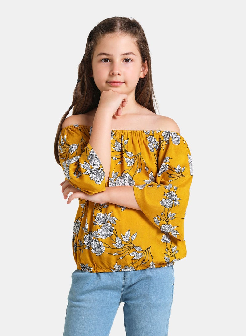 Frill Sleeve Blouse Top Yellow Floral - v1648653887/N46562223V_1