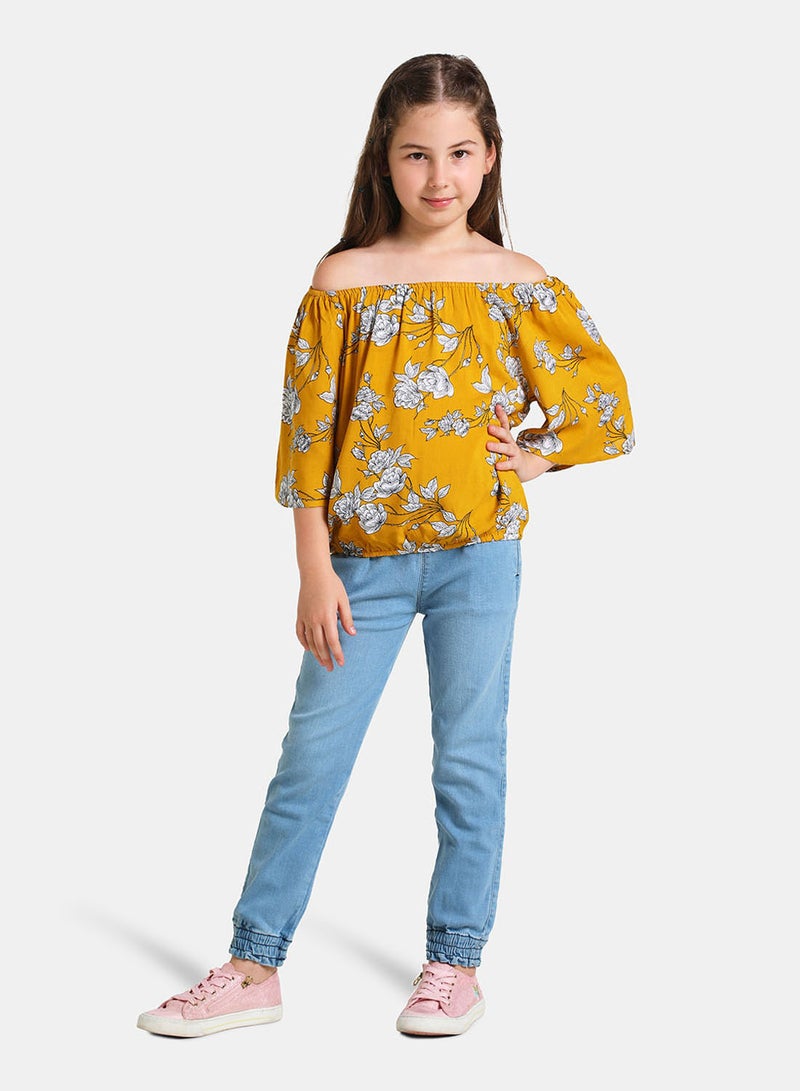 Neon Frill Sleeve Blouse Top Yellow Floral  - Image 2