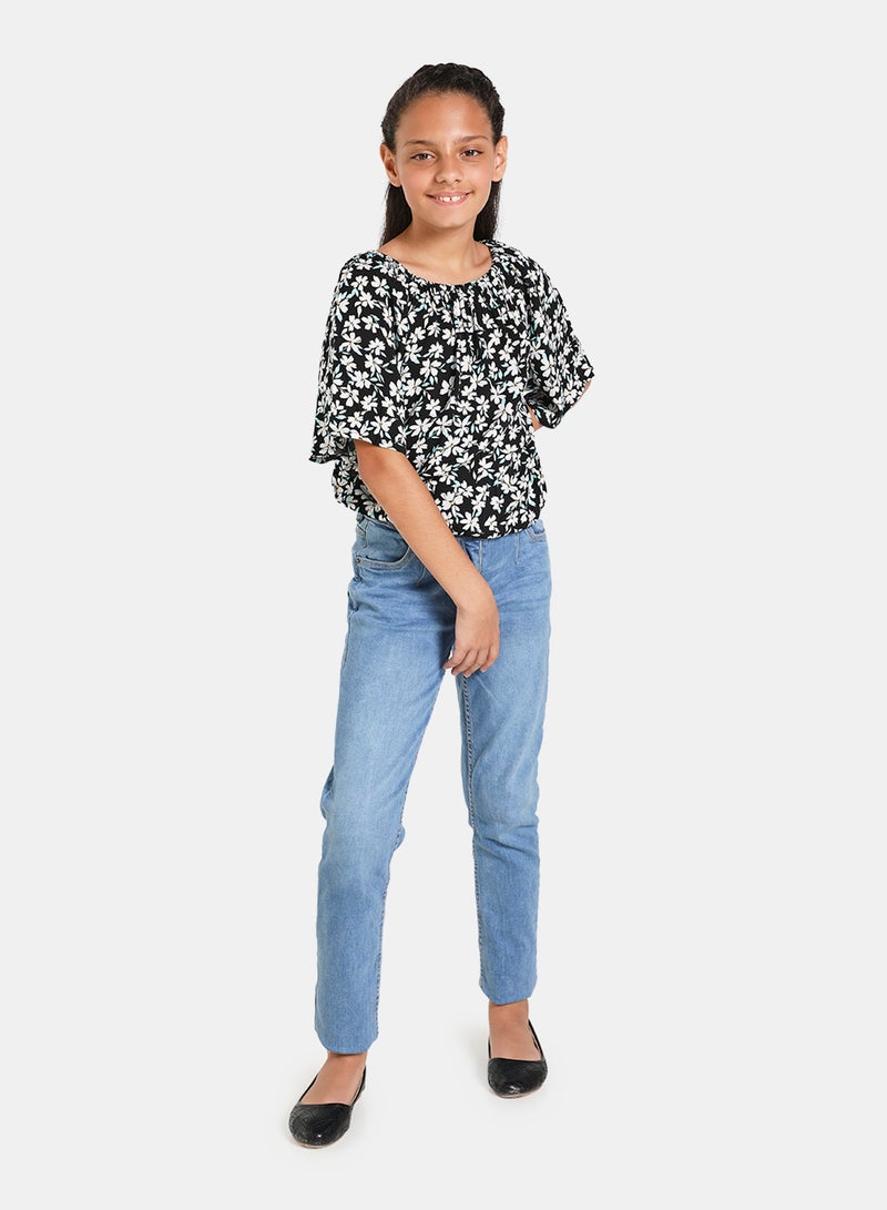 Neon Frill Sleeve Blouse Top Black Floral  - Image 2