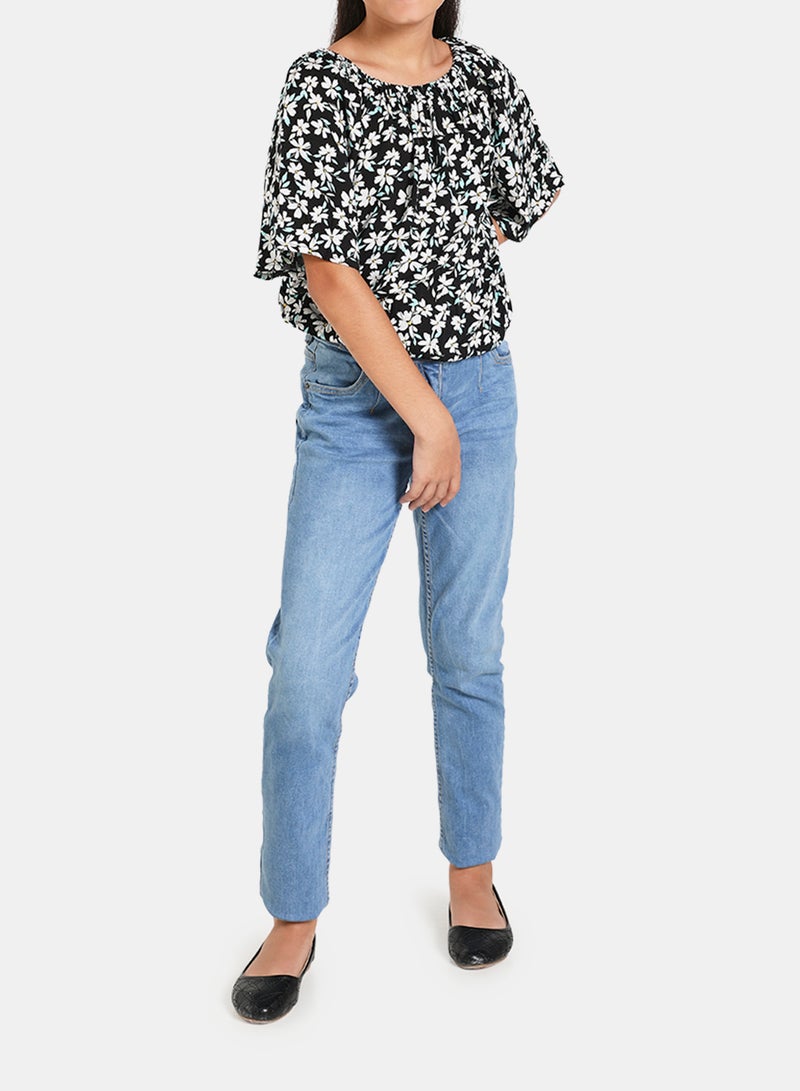Neon Frill Sleeve Blouse Top Black Floral  - Image 3