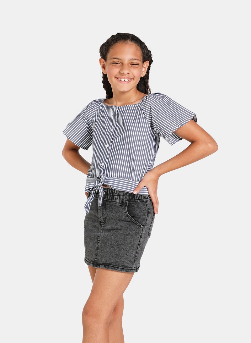 NEON - Striped Pattern Boat Neck Blouse Top Blue - Image 1