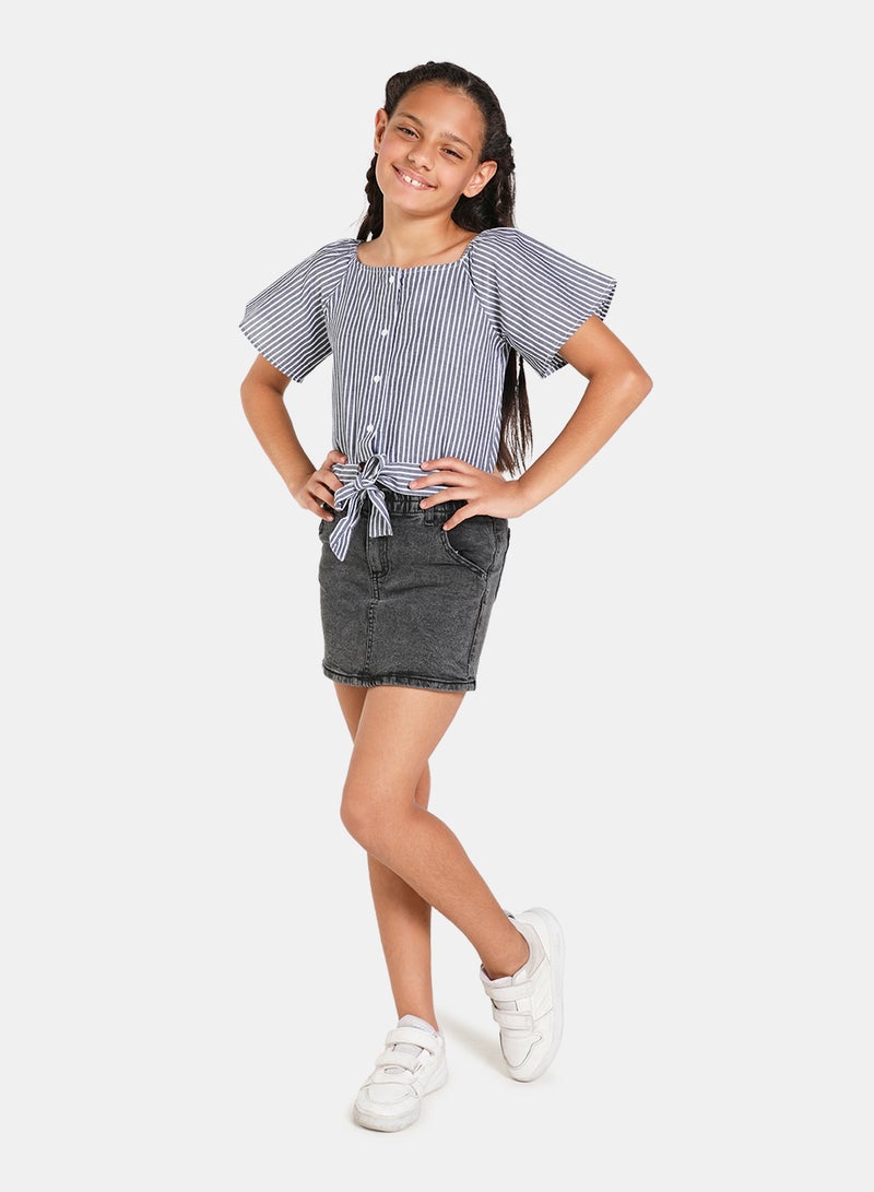 NEON - Striped Pattern Boat Neck Blouse Top Blue - Image 1