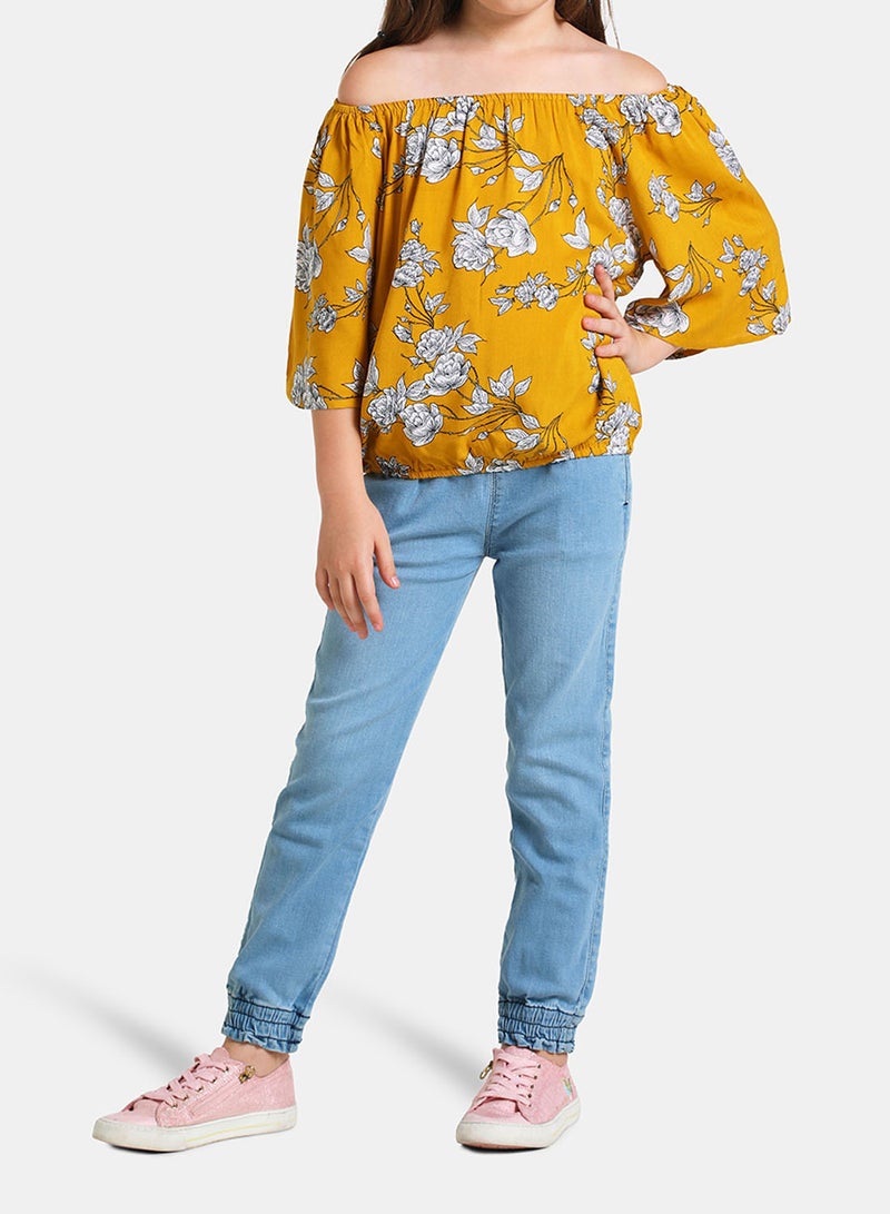 Neon Frill Sleeve Blouse Top Yellow Floral  - Image 3