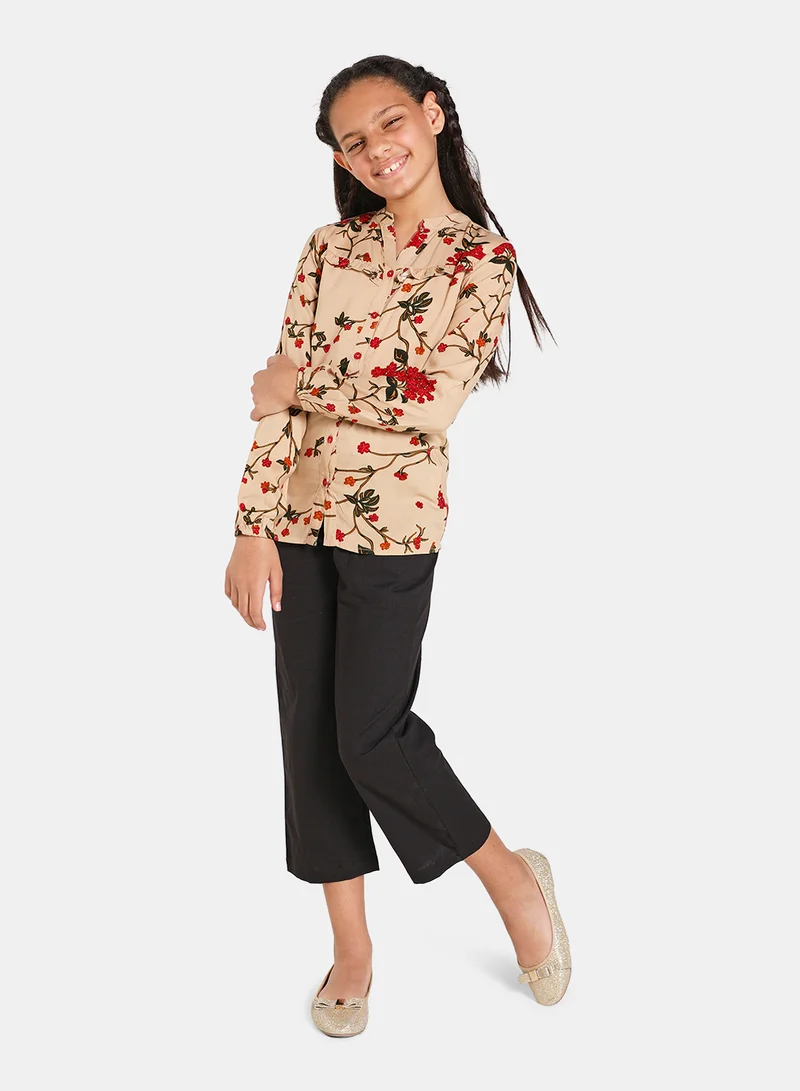 Neon Long Sleeve Round Neck  Top Beige