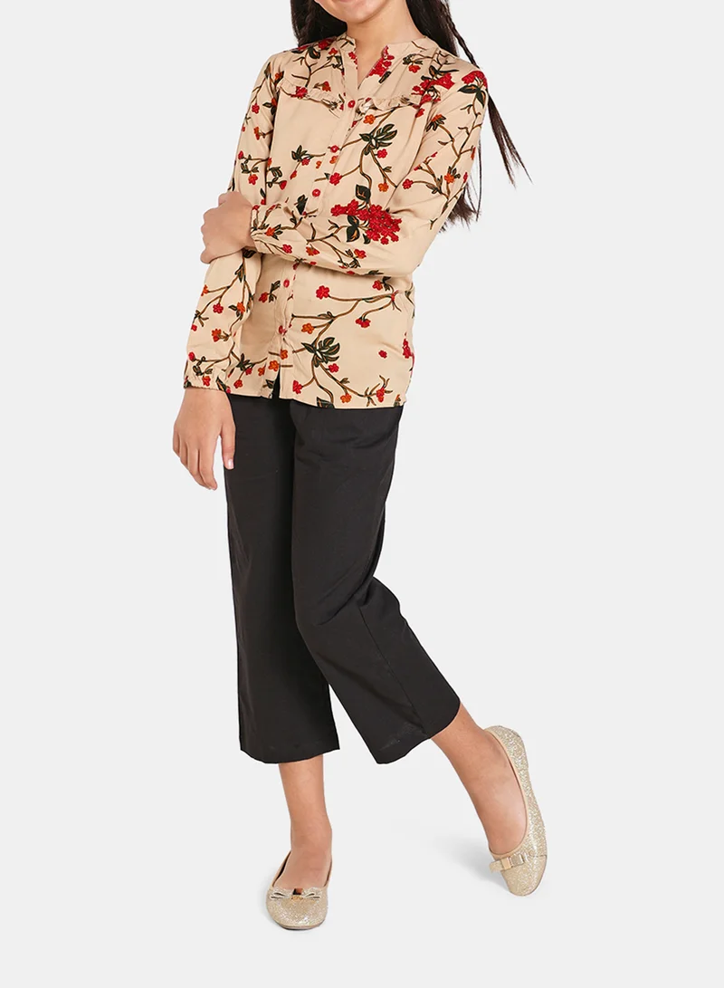 Neon Long Sleeve Round Neck  Top Beige