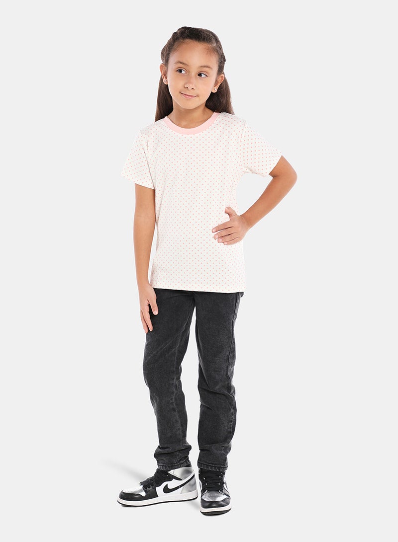 NEON Polka Dot Printed Crew Neck T-Shirt White/Pink  - Image 3